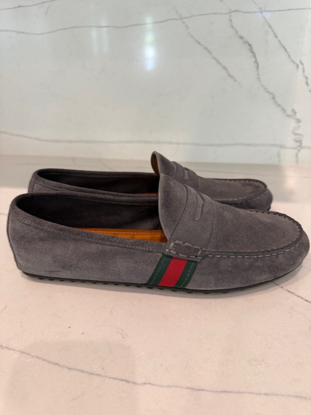 Gucci Gray Suede Loafers with Green-Red Web Detail - Picture 5 of 10